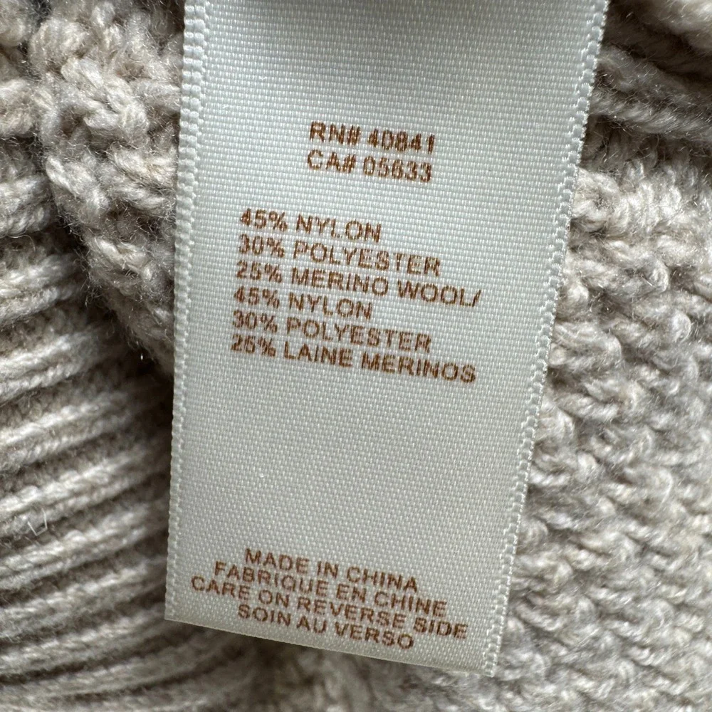 Aventura Sweater Women L Beige Cable Knit Merino Wool Blend Mock Neck Pullover